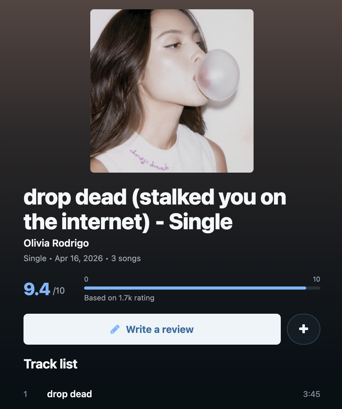 Duple album detail screen showing a rating, write review button, and track list.