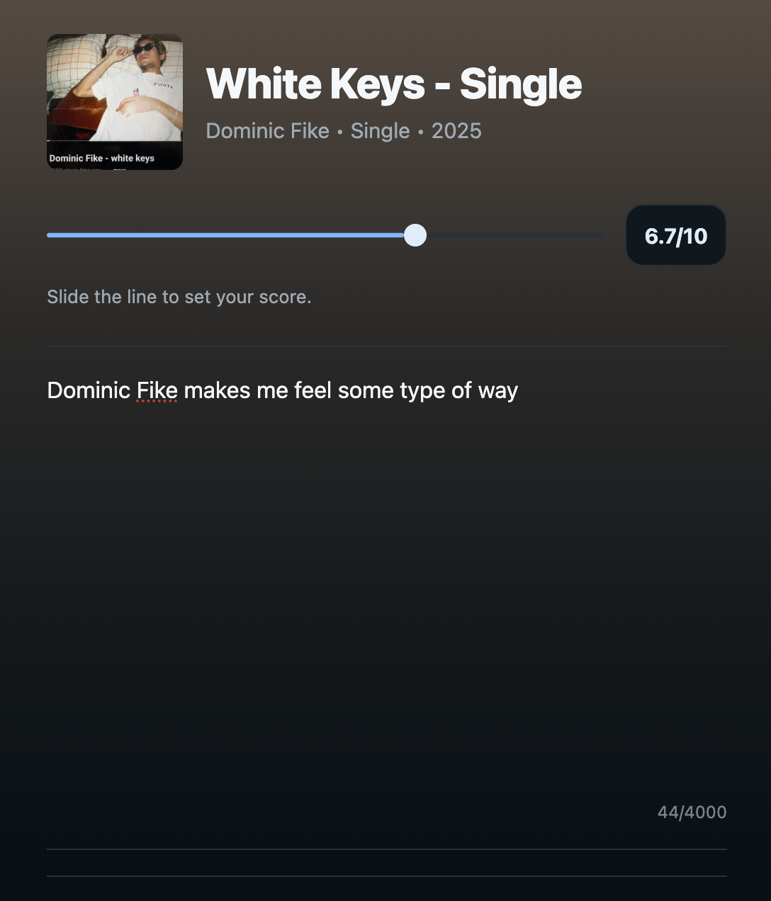 Duple review screen for a song with a rating slider and listening note.